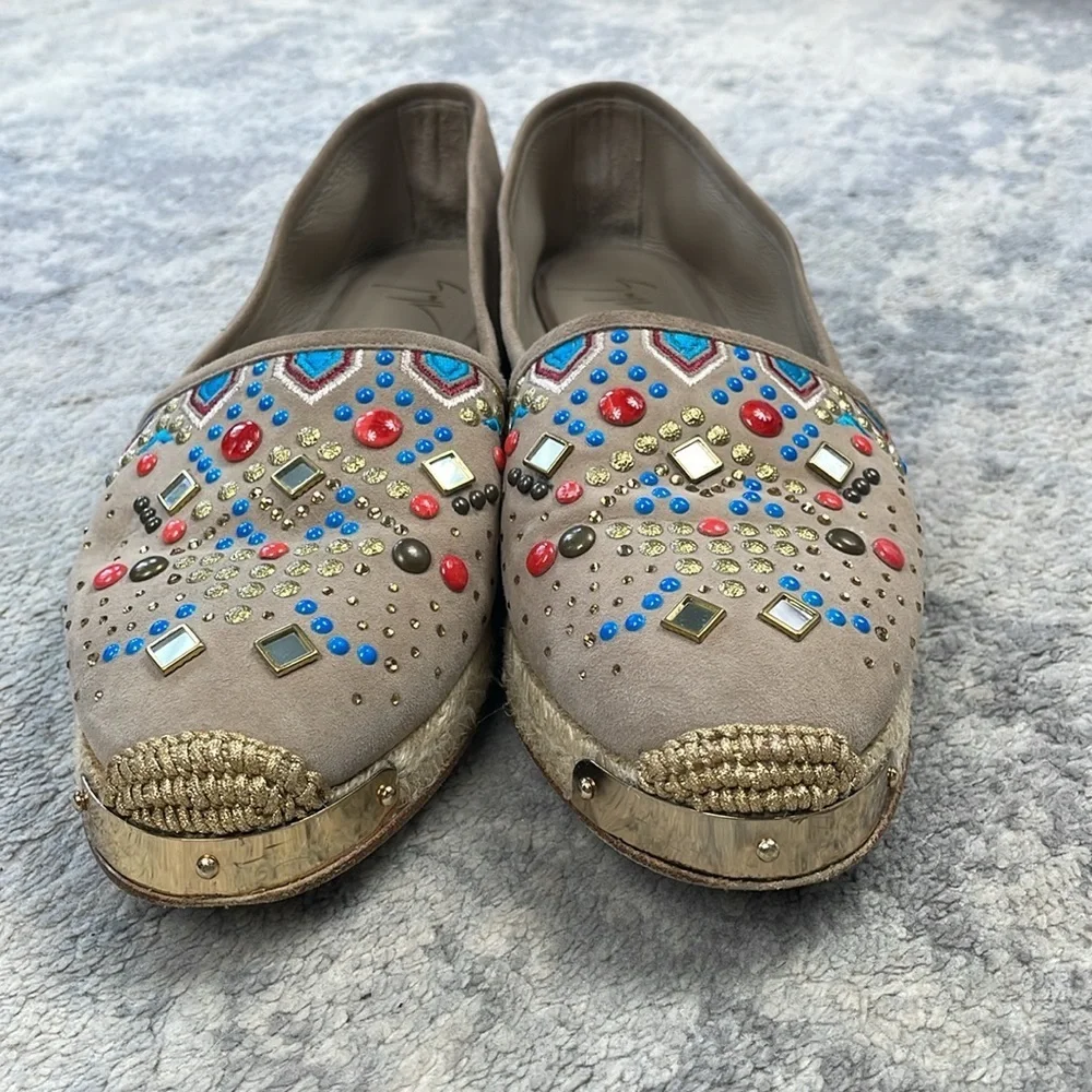 Giuseppe Zanotti Suede Beaded Studded Espadrille Loafer Flats Sz 41